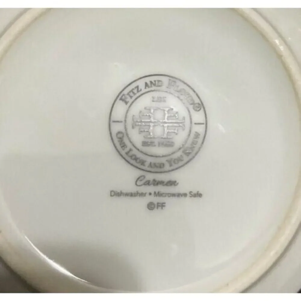 VTG Fitz & Floyd Carmen Floral Black/Gold Stripes‎ Dinner/Salad Plates Set of 8